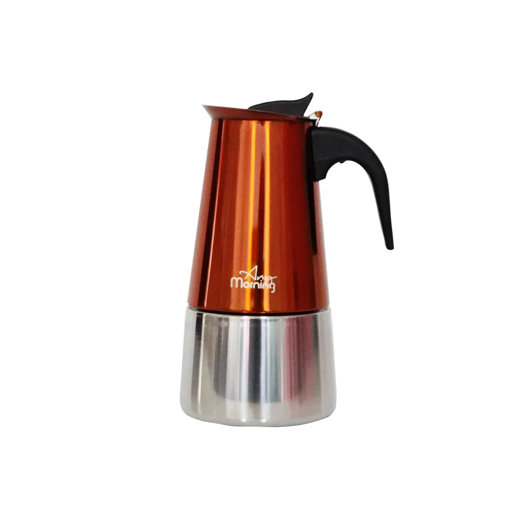 Any Morning Stovetop Espresso Coffee Maker, Stainless Steel Induction Moka Pot Compatible with all Hob Types, Italian Coffee Maker, Percolator Coffee Pot 6 Cups, 300 ml, Copper Color