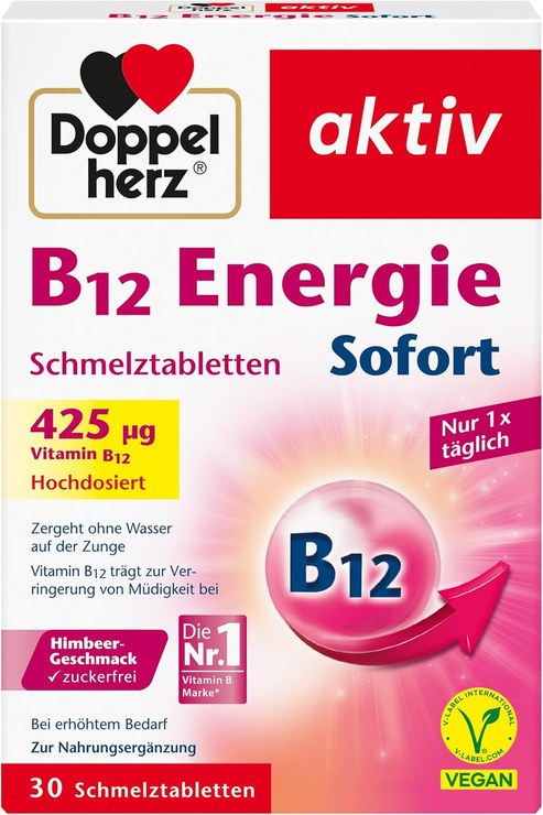 Doppelherz B12 Energy Instant - Vitamin B12 contributes to reducing fatigue and exhaustion - Vegan and high dose - 30 melting tablets