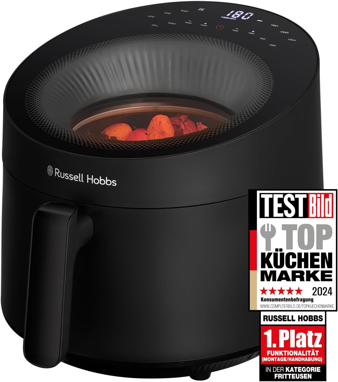 Russell Hobbs SatisFry Panoramic 27420-56 Hot Air Fryer 5L [10 Programs|with Viewing Window] (Fryer without Oil, Frying, Grilling, Roasting, Baking, Max 200°C, Dishwasher Safe, Black)