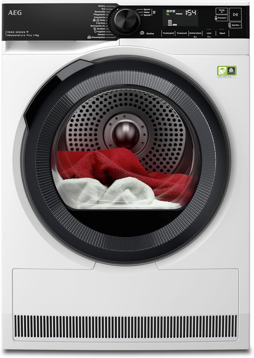 AEG WiFi Heat Pump Dryer 9 kg, Series 9000 AbsoluteCarePlus: Down Drying, Precise Drying with 3D Scan Residual Moisture Determination, Energy Class B, Energy Saving, Drum Lighting, TR9W75790