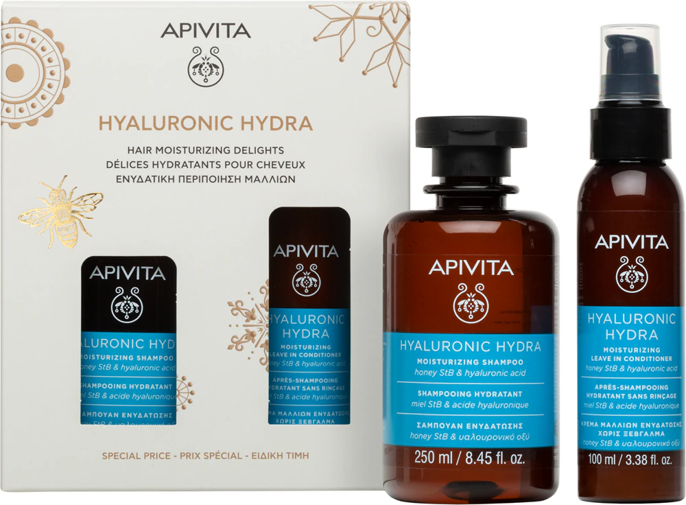 Apivita Hyaluronic Hydra Hair Moisturizing Delights Gift Set provides moisture and shine