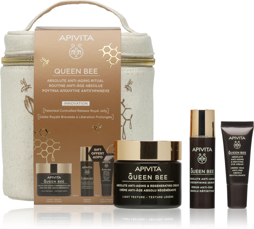 Apivita Queen Bee Anti-Aging Routine Set (with Light Cream) Facial Care Set with Anti-Wrinkle Effect
