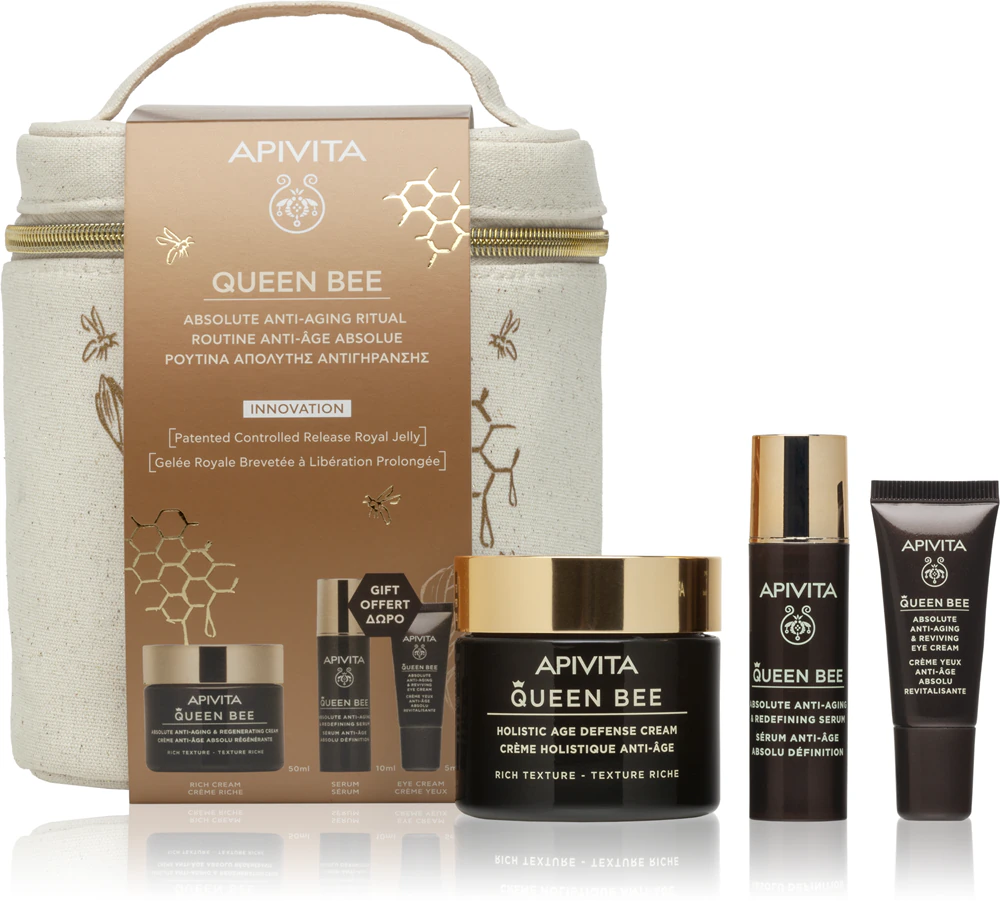 Apivita Queen Bee Anti-Aging Routine Set (with Rich Cream) Facial Care Set with Anti-Wrinkle Effect
