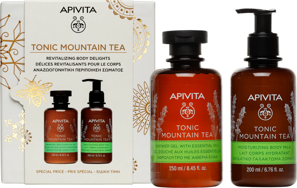 Apivita Tonic Mountain Tea Shower Gel & Body Milk Set Gift Set for hydrated and radiant skin