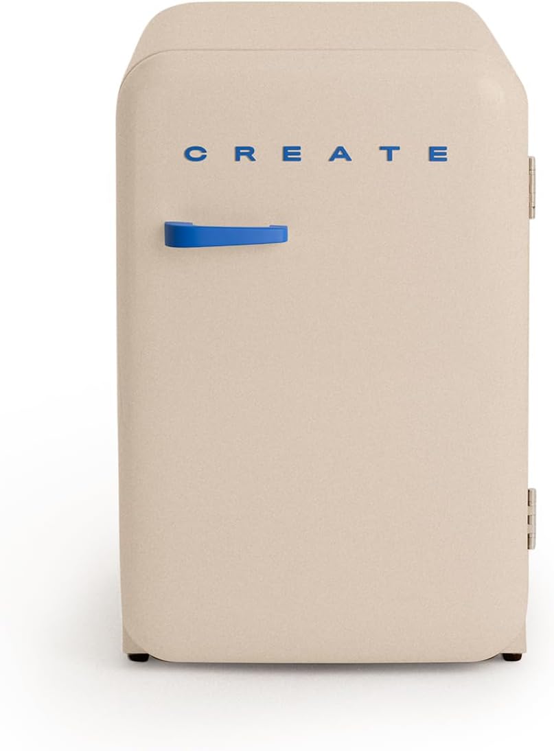 CREATE Retro Fridge 83.5 Cobalt Fridge in Sand, Handle Cobalt Blue / 98 W, Low Consumption, 2 Shelves, Temperature Control, Bottle Holder, 56 x 54 x 84 cm
