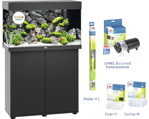 Juwel Aquarium Juwel Rio 125 LED SBX aquarium combination with LED lighting, heater, filter and black cabinet + including automatic feeder, background film, Cirax and Carabax filter media
