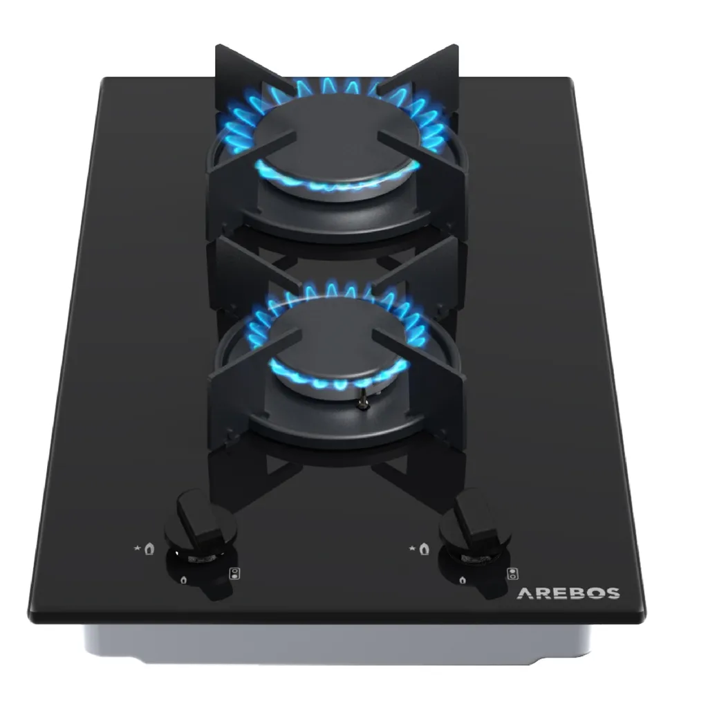 AREBOS 2-burner gas hob, self-sufficient, glass ceramic, pan supports & flame failure device, propane/natural gas compatible, safe & easy to use