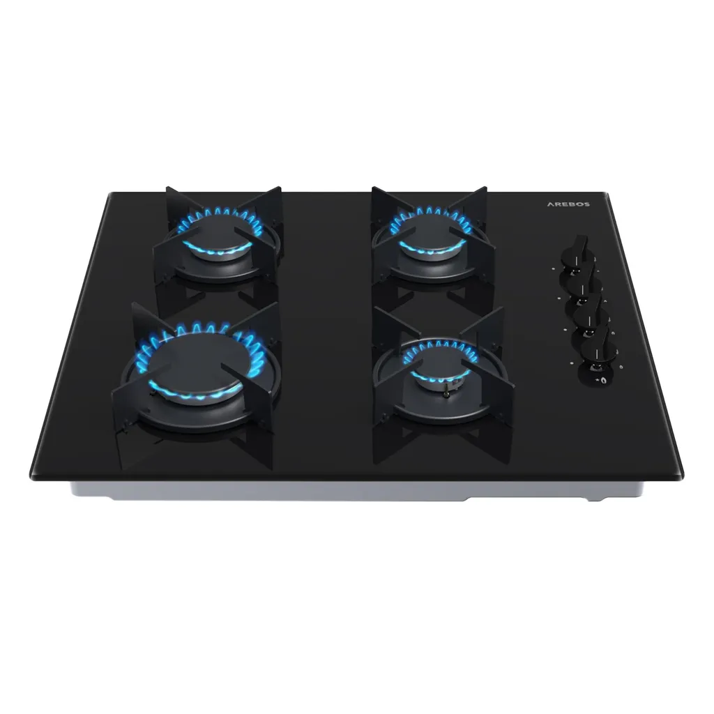 AREBOS 4-burner gas hob, glass surface, built-in, compatible with natural gas & propane, incl. pan supports & flame failure device, safe & versatile