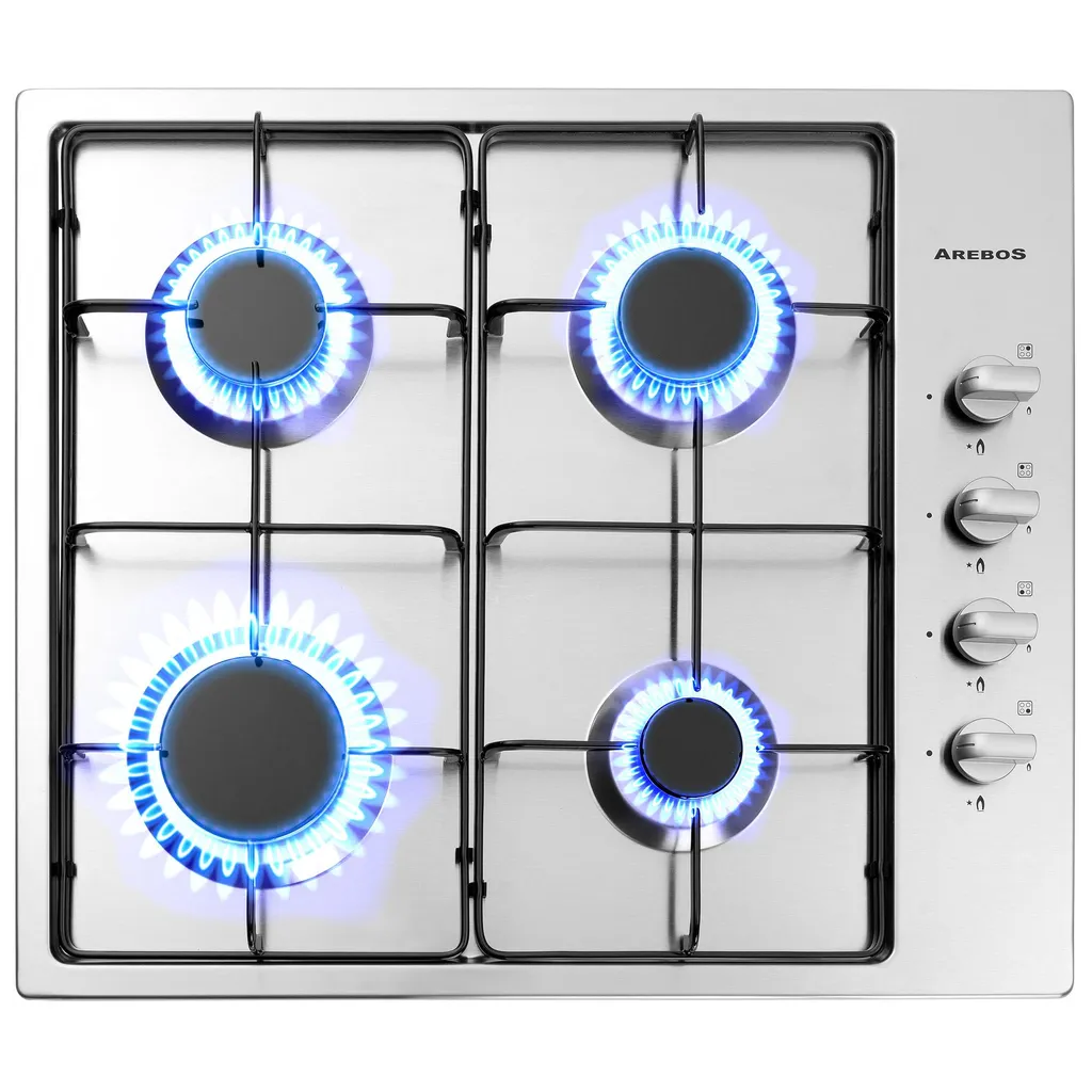 AREBOS 58 cm Gas Hob with 4 Burners | Stainless Steel Built-in Hob | Automatic Ignition Safety Device | For Natural Gas & Propane | Independent, Efficient & Energy Saving