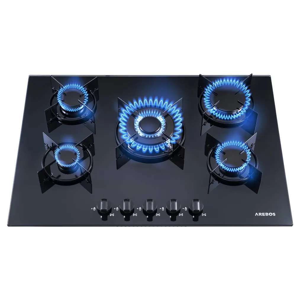 AREBOS 70 cm Gas Hob with 5 Burners | Built-in hob made of tempered glass | Cast iron pan supports | Natural gas & propane | With flame failure device & piezo ignition