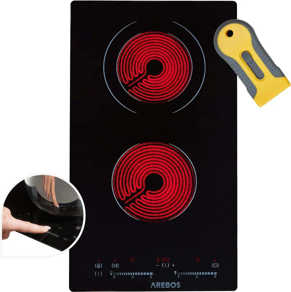 AREBOS 2-burner glass ceramic cooktop, 30 cm | Self-sufficient built-in cooktop, 3200 W | Sensor-touch display | 9 power levels | Child lock & timer