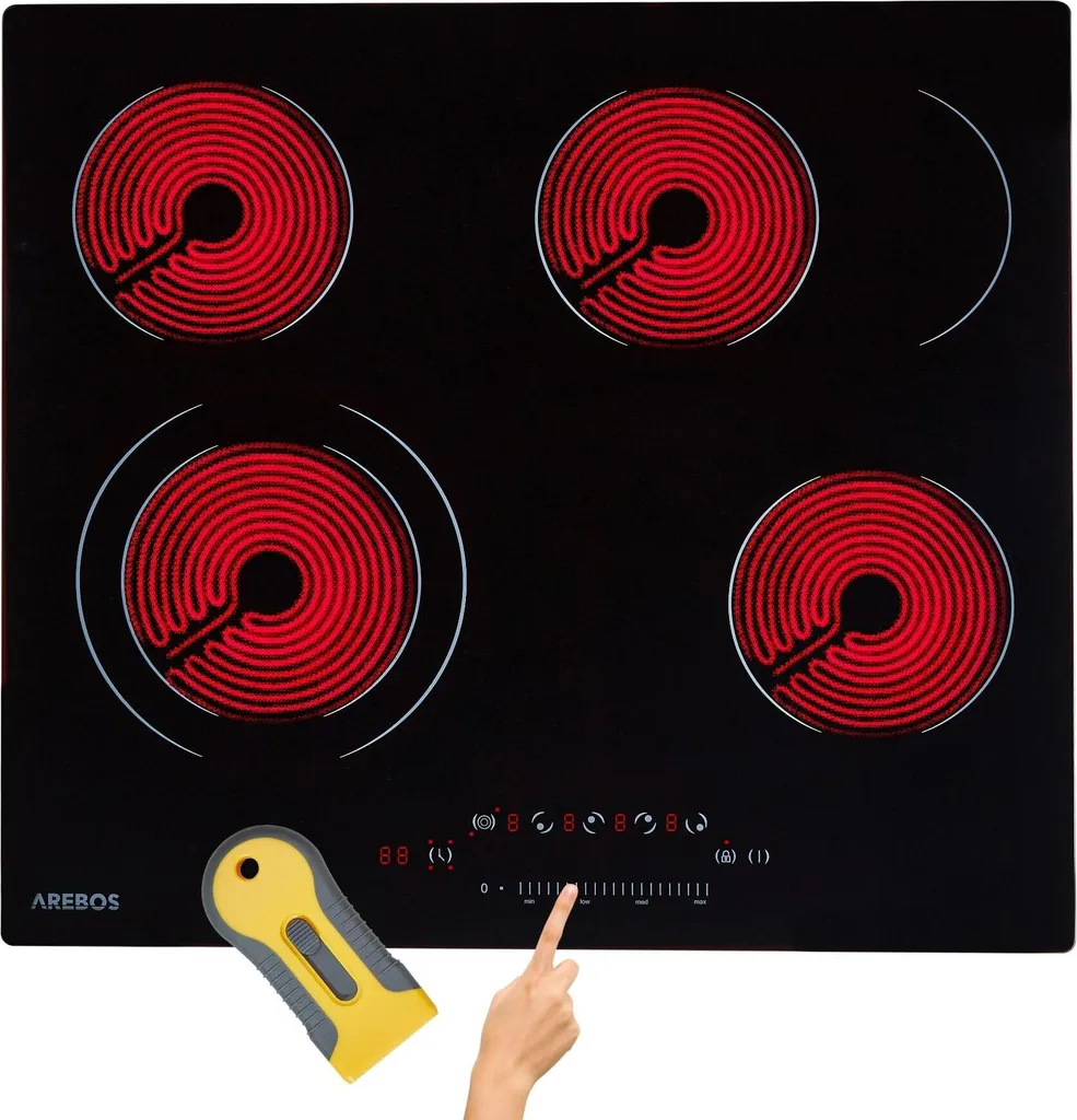 AREBOS Glass Ceramic Hob 59 cm | 6600 W, 4 Zones, Dual & Roasting Zone