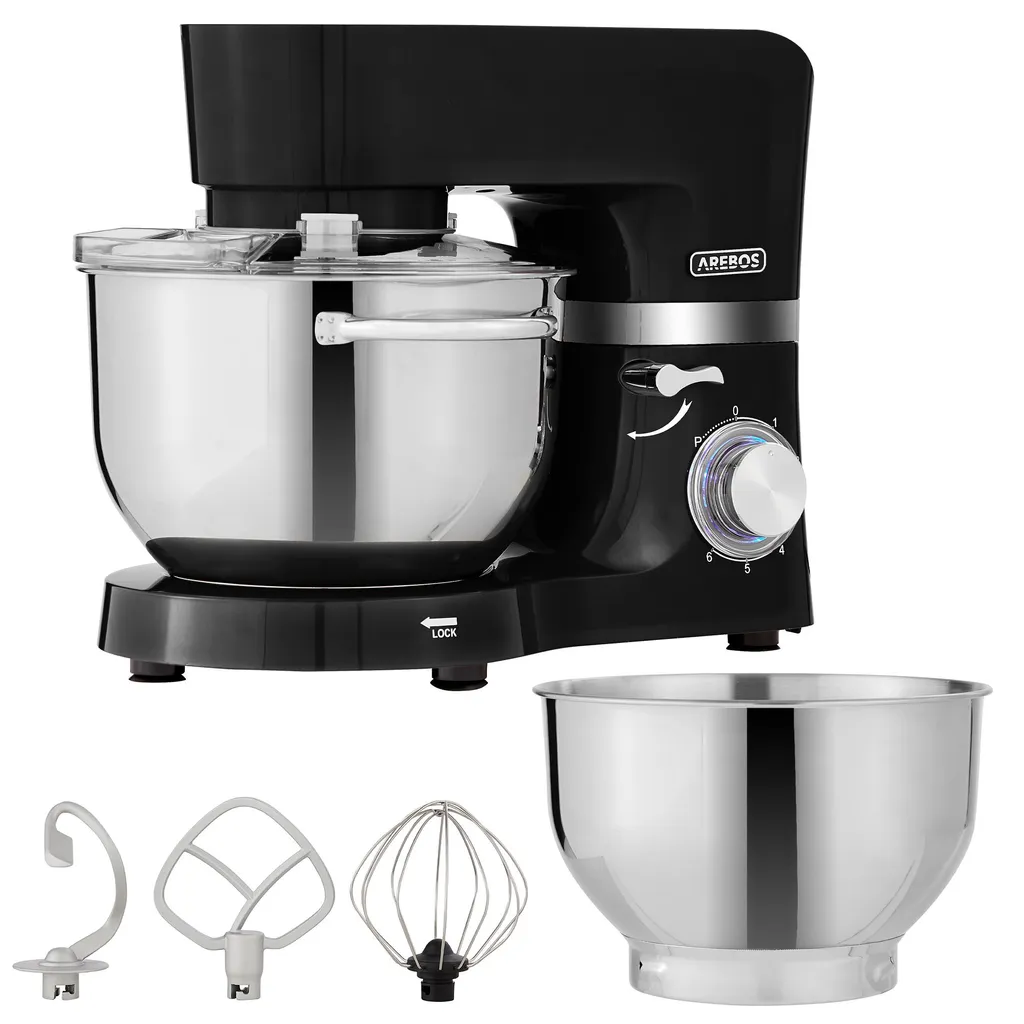 AREBOS Food Processor 1500 W Black | 2 Stainless Steel Mixing Bowls 4.5 & 5.5 L | Low Noise