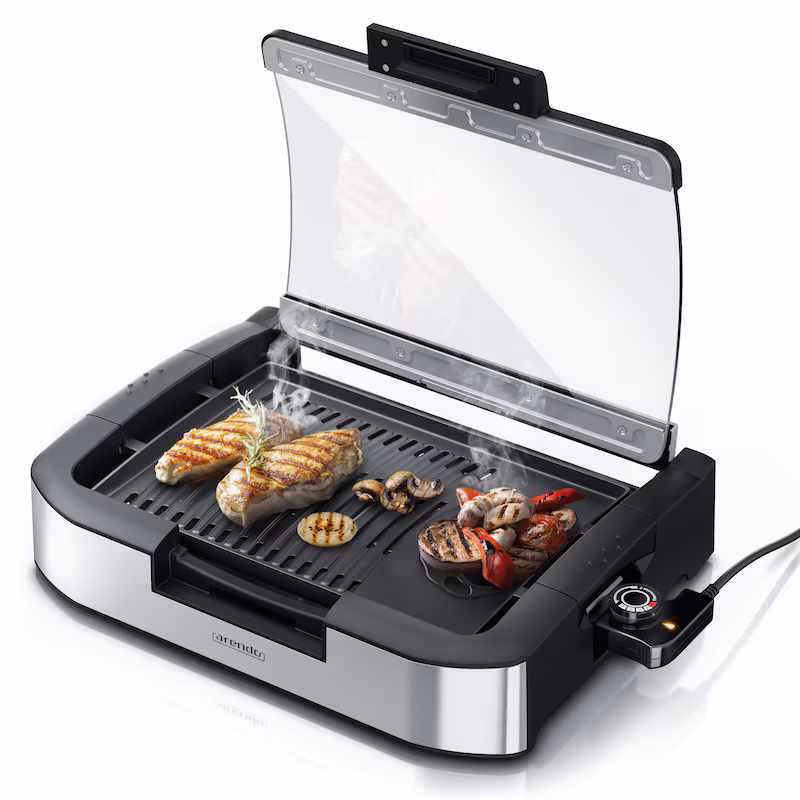 Arendo Gourmet Table Grill with Glass Cover - Electric Grill - Barbecue - for steaks, sausages, fish, seafood, vegetables, mushrooms and much more.