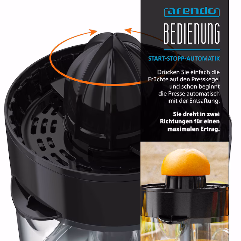 Arendo citrus press with 40 W & 700 ml fruit juice container, pressing cone with two rotation directions