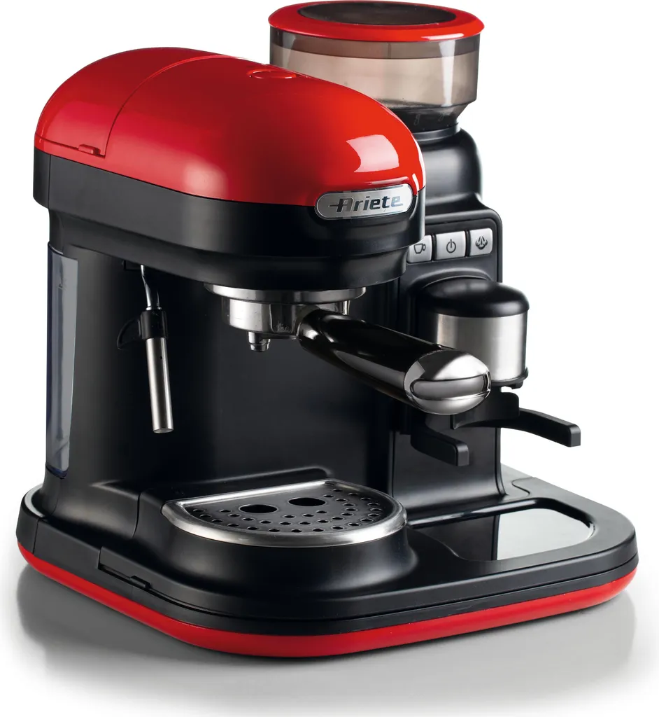Ariete portafilter espresso machine moderna with coffee grinder and frothing nozzle, red/black