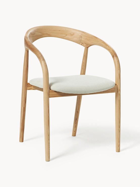 Westwing Collection Camille armchair made of ash wood with seat cushion- Woven fabric off-white, light ash wood