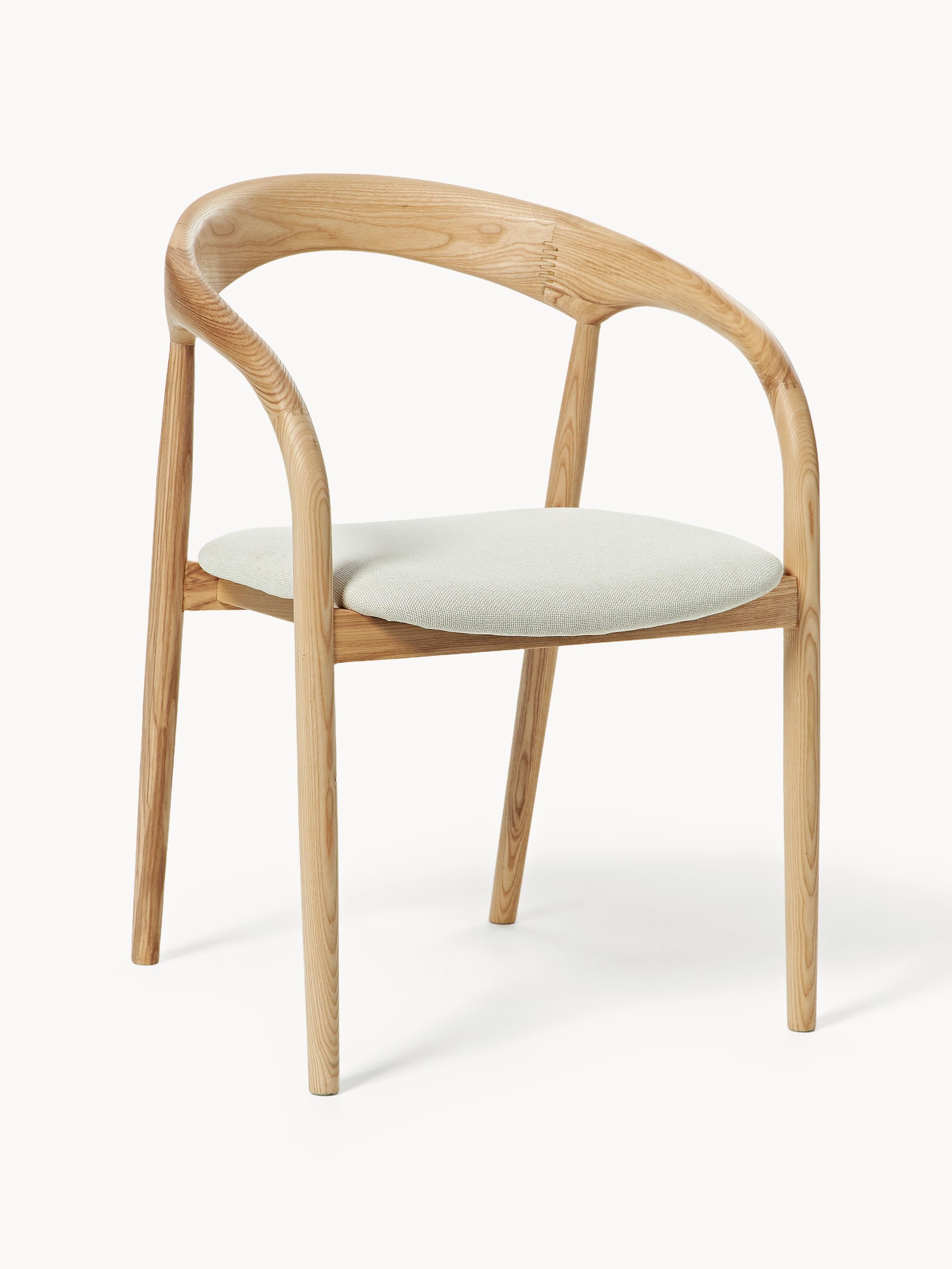 Westwing Collection Camille armchair made of ash wood with seat cushion - Woven fabric off-white, light ash wood