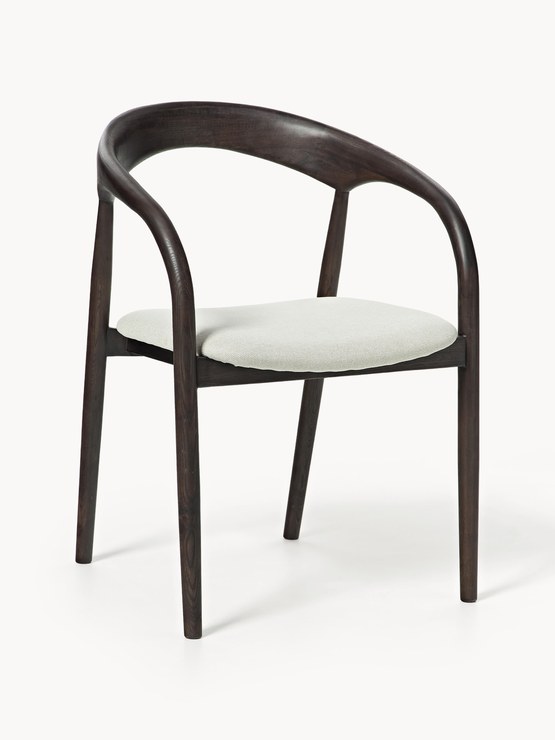 Westwing Collection Camille armchair made of ash wood with seat cushion - Woven fabric off-white, dark ash wood