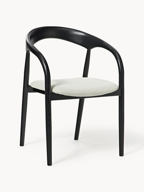 Westwing Collection Camille armchair made of ash wood with seat cushion - Webstoff Off White, Schwarz