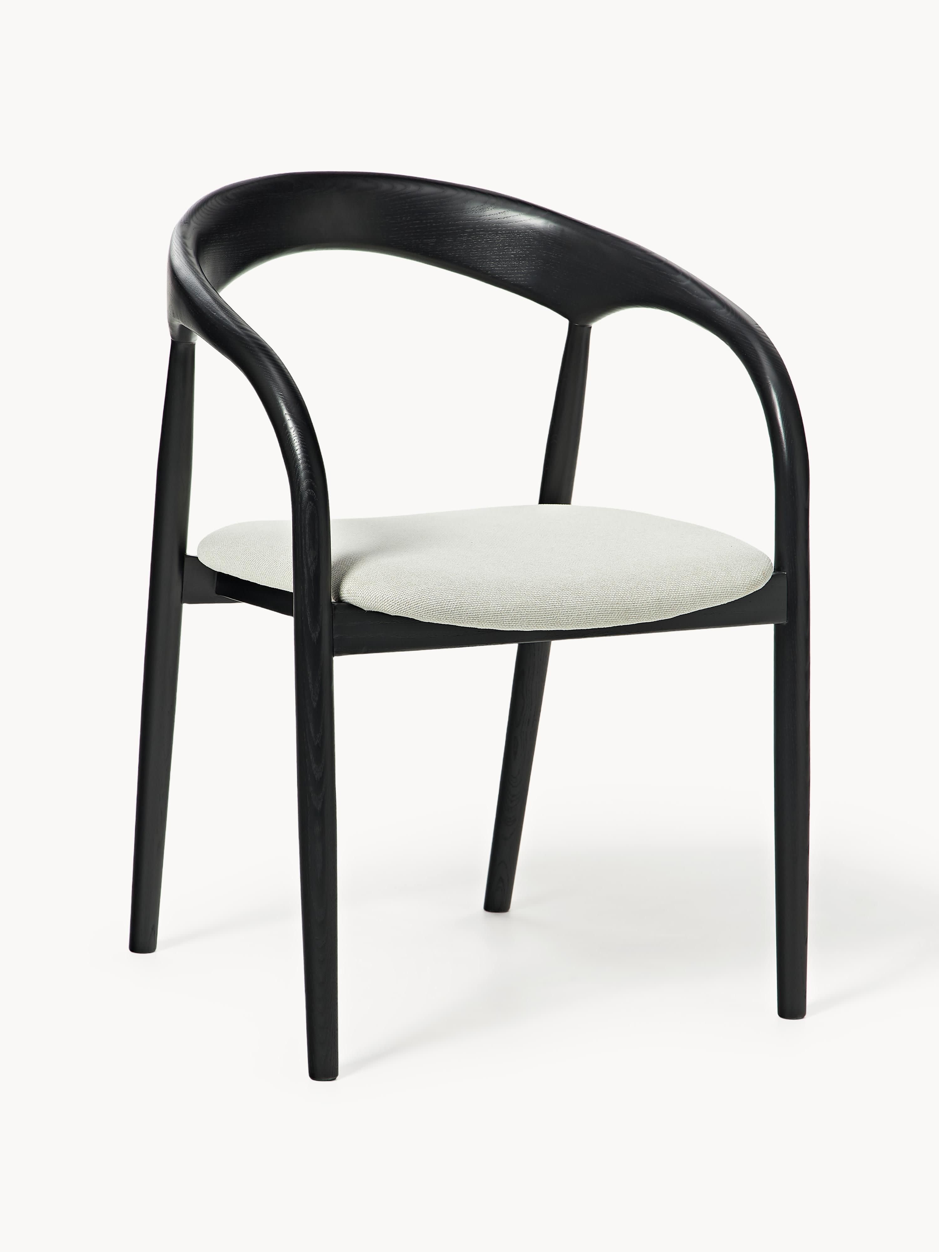 Westwing Collection Camille armchair made of ash wood with seat cushion - Woven fabric Off White, Black