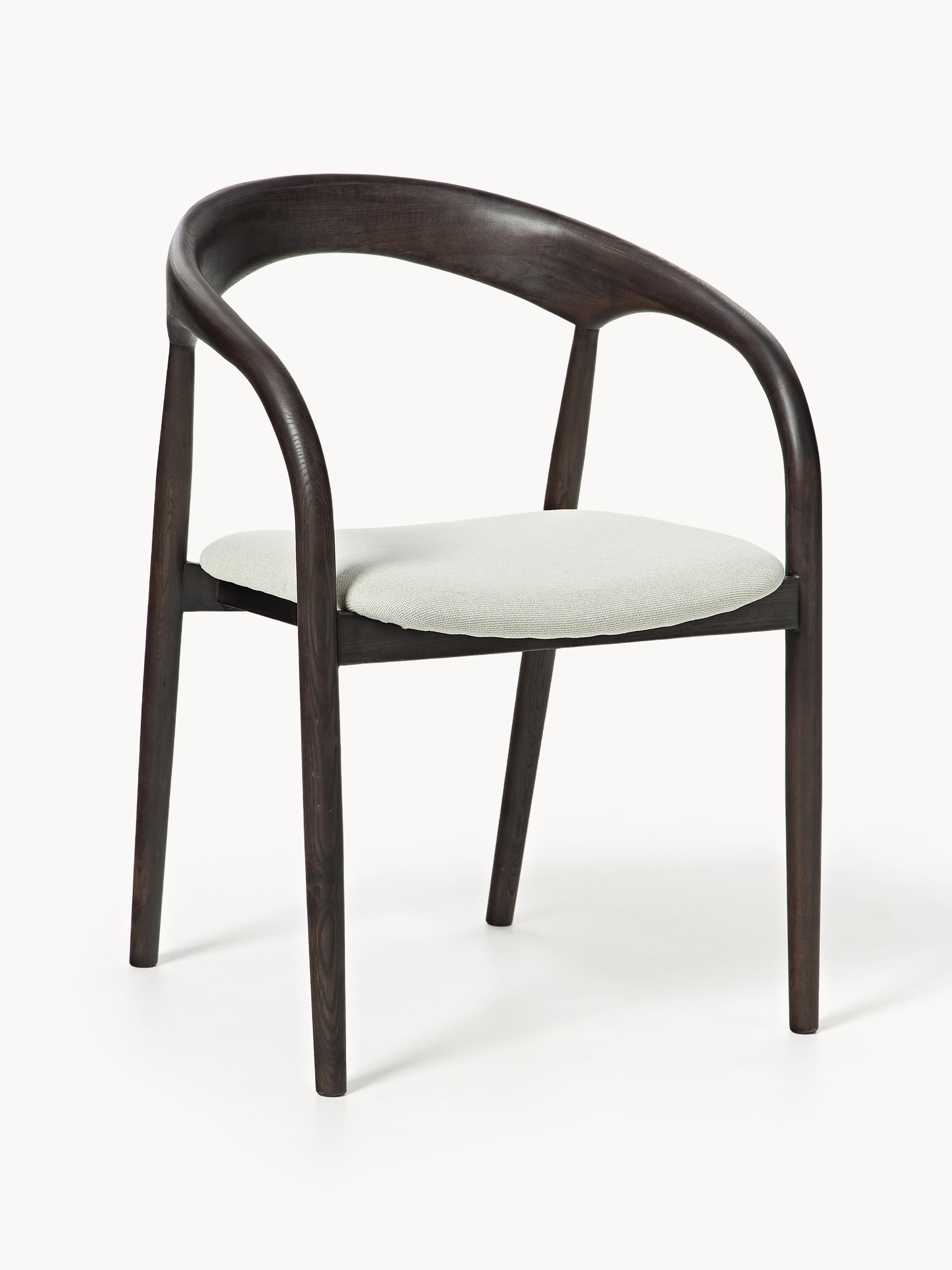 Westwing Collection Camille armchair made of ash wood with seat cushion - Woven fabric off-white, dark ash wood