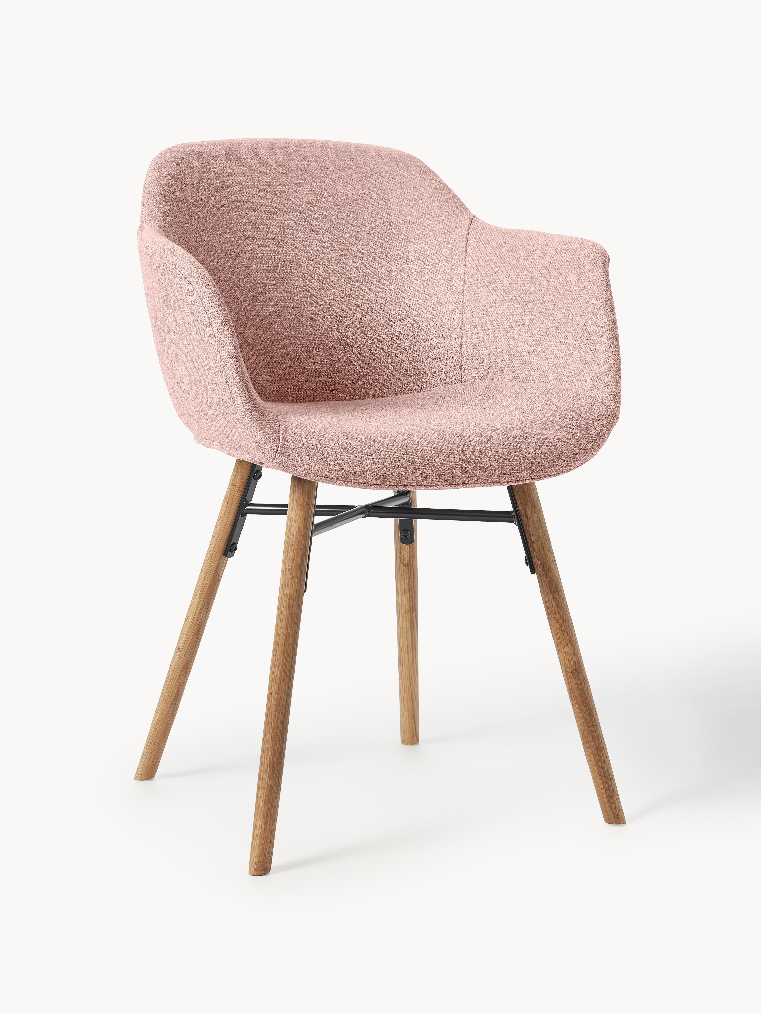 Westwing Collection Fiji armchair with narrow seat shell, Light grey woven fabric, oak wood