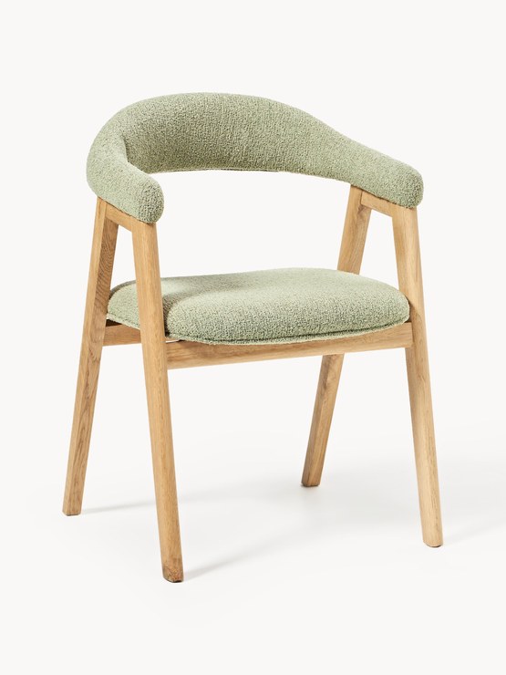Westwing Collection Nik armchair with bouclé upholstery - Bouclé sage green, oiled oak wood