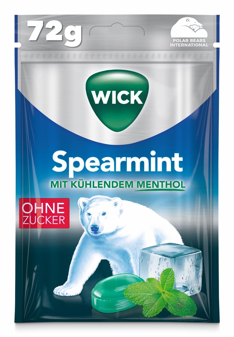 WICK Spearmint Cough Drops with Cooling Menthol, No Sugar - Pack of 1 (1 x 72 g)