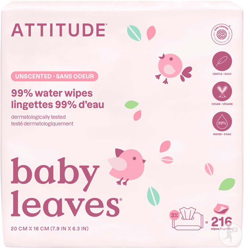 Attitude Baby Leaves Trio 99% Water Baby Wipes Fragrance-Free 216 Count