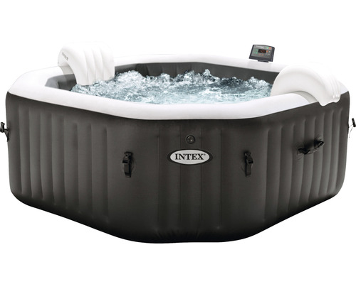 Inflatable whirlpool Intex Pure Spa 79 Octagon Bubble Jet 128458 with integrated limescale protection and salt water system, 4 high-performance jet nozzles, thermal floor protection tarpaulin, thermal cover, 2 black inflatable pillows