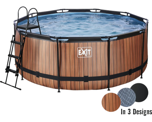 Above-ground pool frame pool set EXIT WoodPool round Ø 360x122 cm incl. sand filter system & ladder wood look