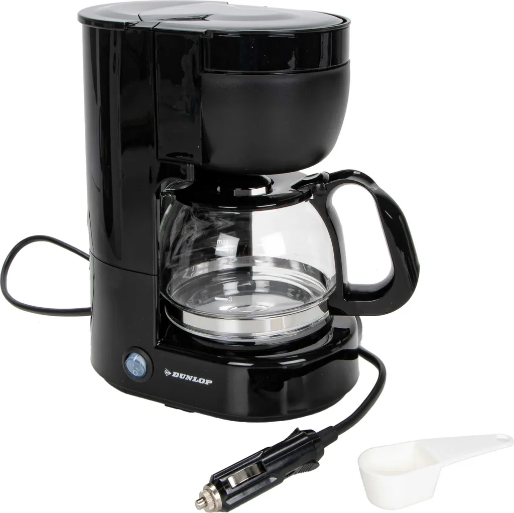 Dunlop Car coffee maker for 4-6 cups, glass carafe (650 ml capacity), swing-out filter, permanent filter with handle, drip-proof, warming plate, overheat protection, temperature control, measuring spoon, 12V, 170W