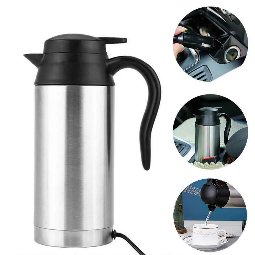 TWSOUL Car Electric Kettle Stainless Steel, 750ml 12V Portable Stainless Steel Electric Car Kettle, Car Coffee Mug Kettle Heated Water Cup - 100°C (12V)