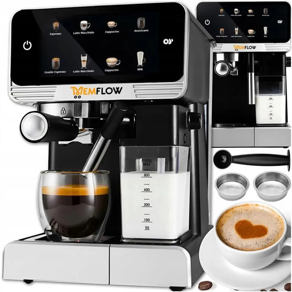 MEMFLOW Automatic portafilter espresso machine 20 bar 1350 W with milk frother – touch panel, thermoblock, LED