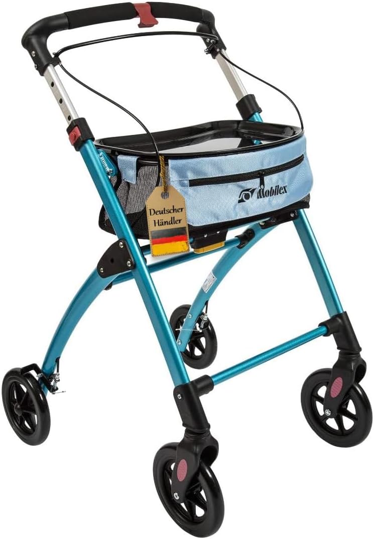FabaCare Jaguar Indoor Rollator Narrow with Tray, Lightweight Home Rollator, Foldable, Home Rollator, up to 100 kg, Light Blue