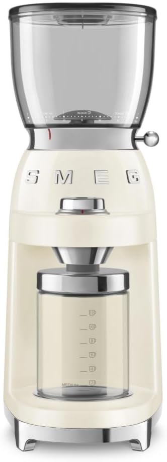 SMEG, Coffee Grinder CGF11CURU, Conical Stainless Steel Grinder, 30 Grinding Settings, 350 g Coffee Bean Container, Premium Die-Cast Aluminum Housing, 150 W, Cream