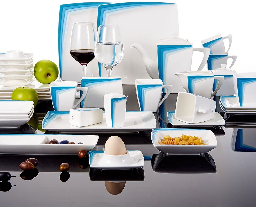 MALACASA, Rebeca 40B Series 40-Piece Porcelain Breakfast Service Dinner Service with 6 Coffee Cups, 6 Saucers, 6 Flat Plates, 6 Soup Bowls, 6 Egg Cups, 1 Serving Plate, Blue