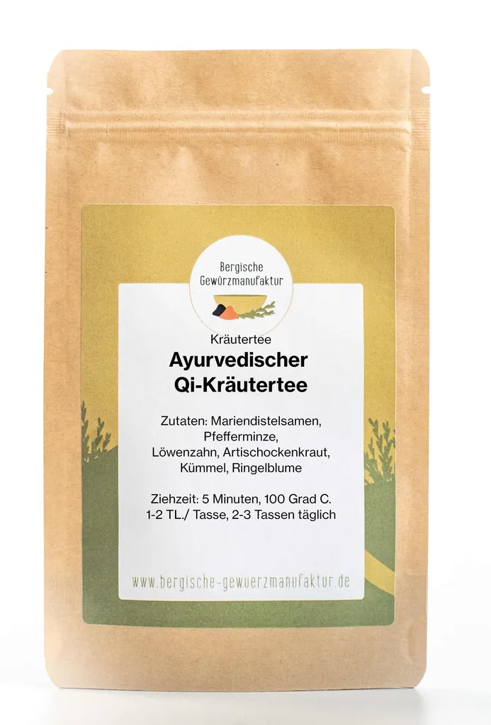 Bergische Gewürzmanufaktur Ayurvedic Qi herbal tea with ground milk thistle seeds, peppermint, dandelion, artichoke herb, caraway, calendula 100g