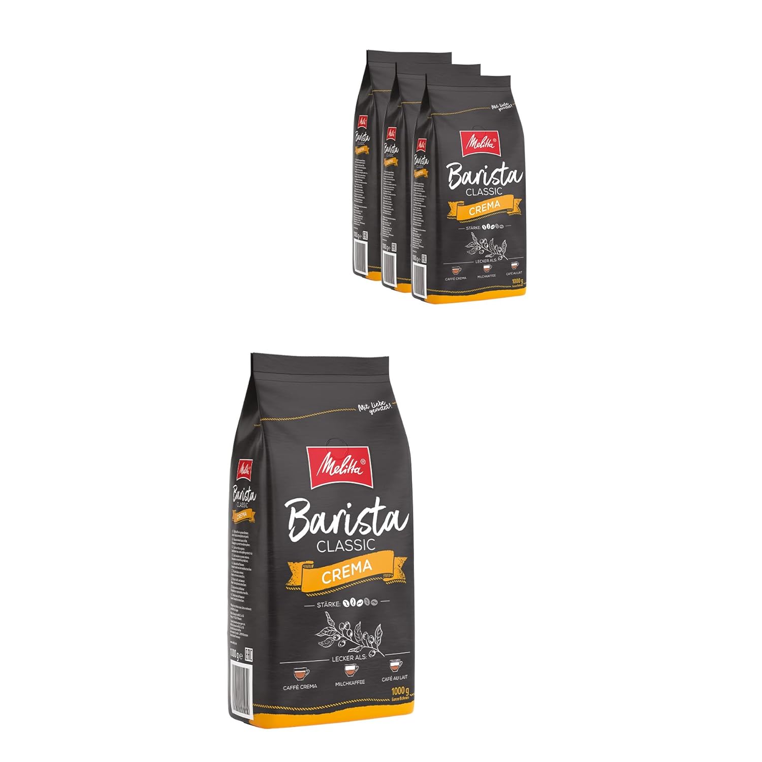 Melitta Barista Classic Crema, entire coffee beans 4 x 1kg, uncomfortable, coffee beans for fully automatic coffee machine, medium roasting, strength 4, in the tray