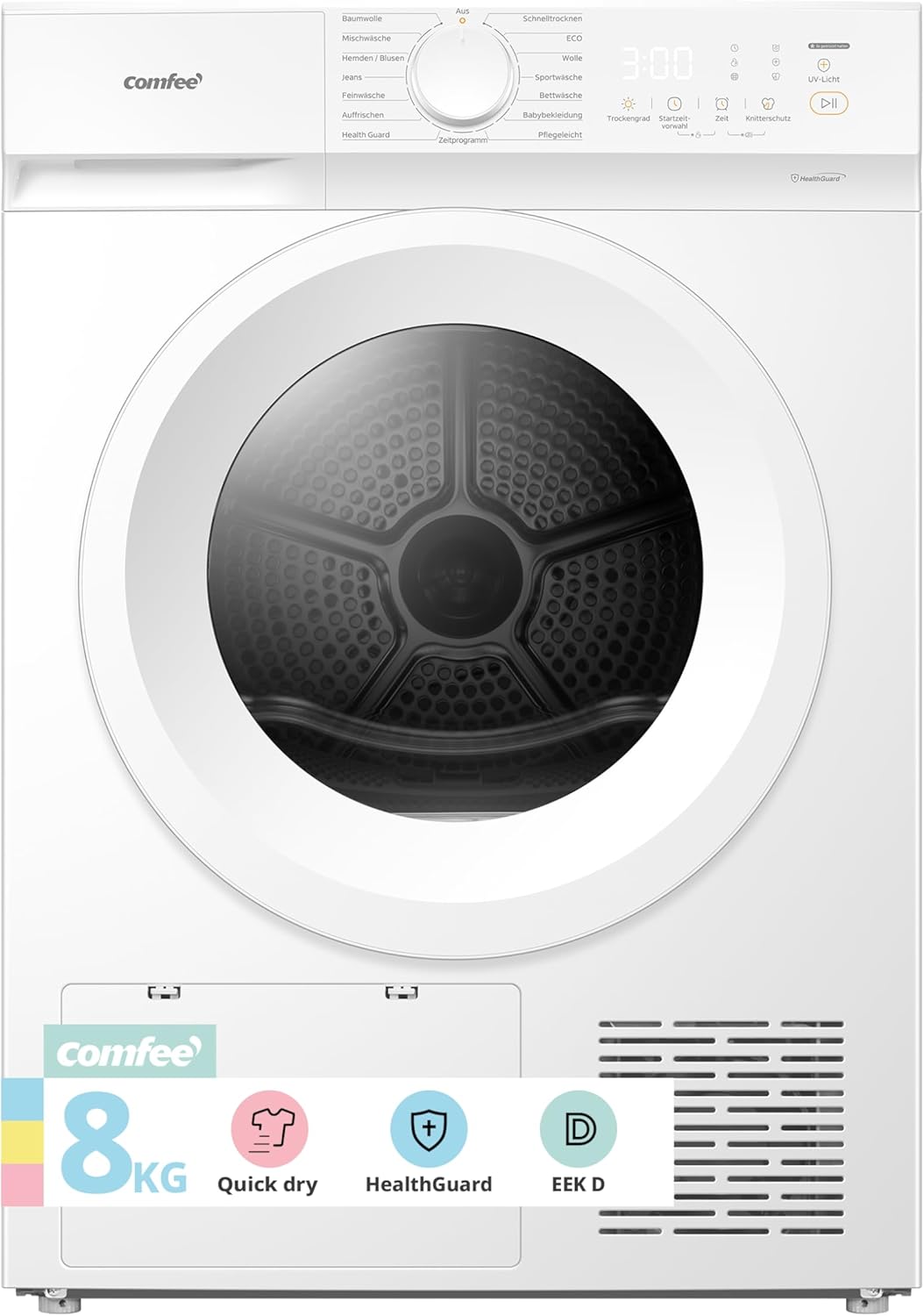 Comfee CD08EHP05W Heat Pump Dryer, 8 kg, Energy Class D with Heat Pump Technology, UV Light for Hygienic Purity, Refreshing, LED Display, Quick Drying, White [Energy Class D]