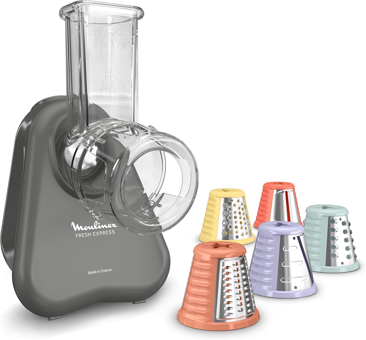 Moulinex Fresh Express DK855HE0 Electric Vegetable Grater, Direct Serving System, 5-in-1, Chopping, Grating, Grating, Wave-shaped, Cable Storage System, Accessories Dishwasher Safe, Gray