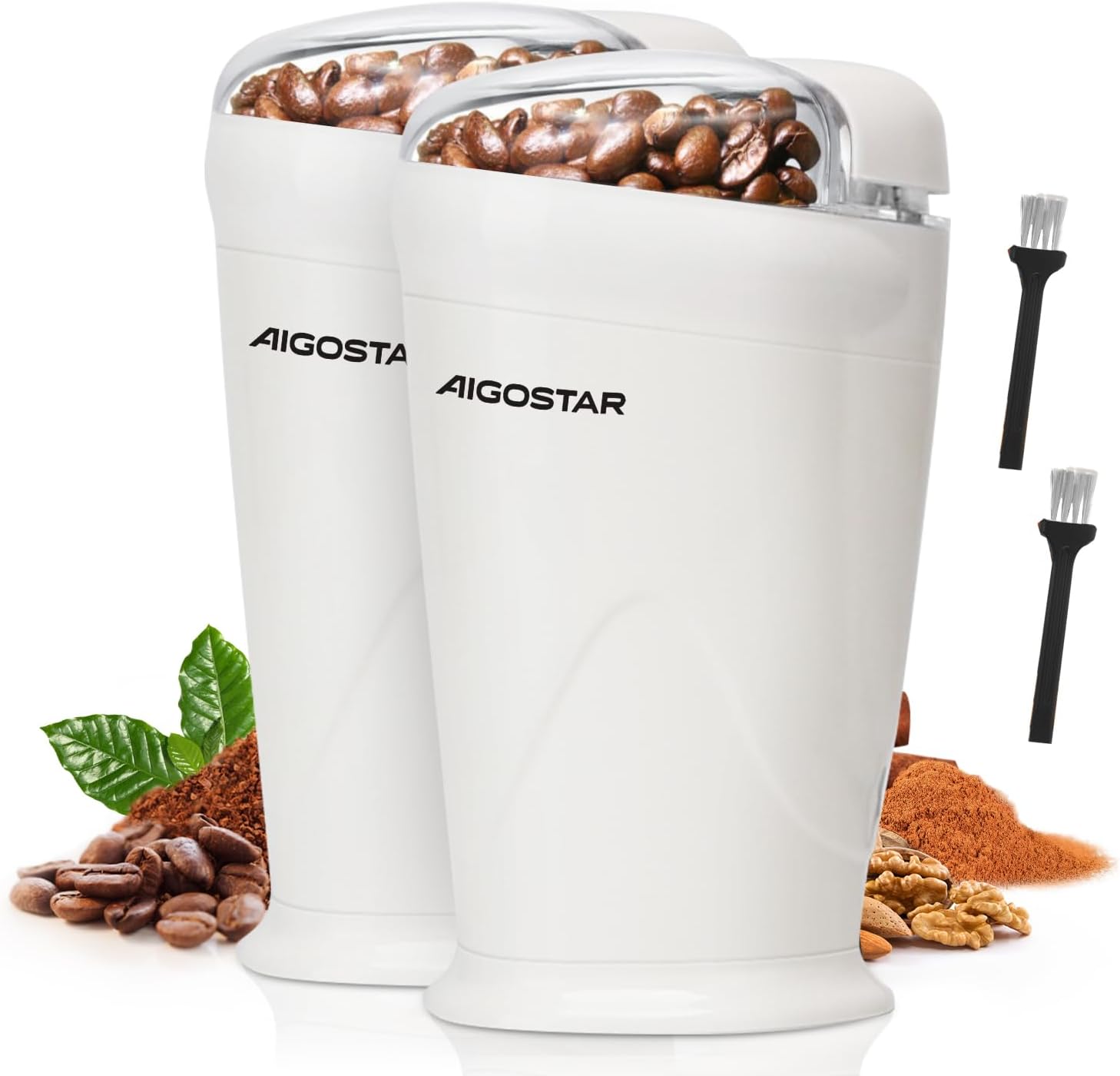 Aigostar Electric Coffee Mill and Spice Mill, Electric Coffee Bean Mill for Cereals, Spices and Nuts, 60 g, 150 W, Milky White, Pack of 2