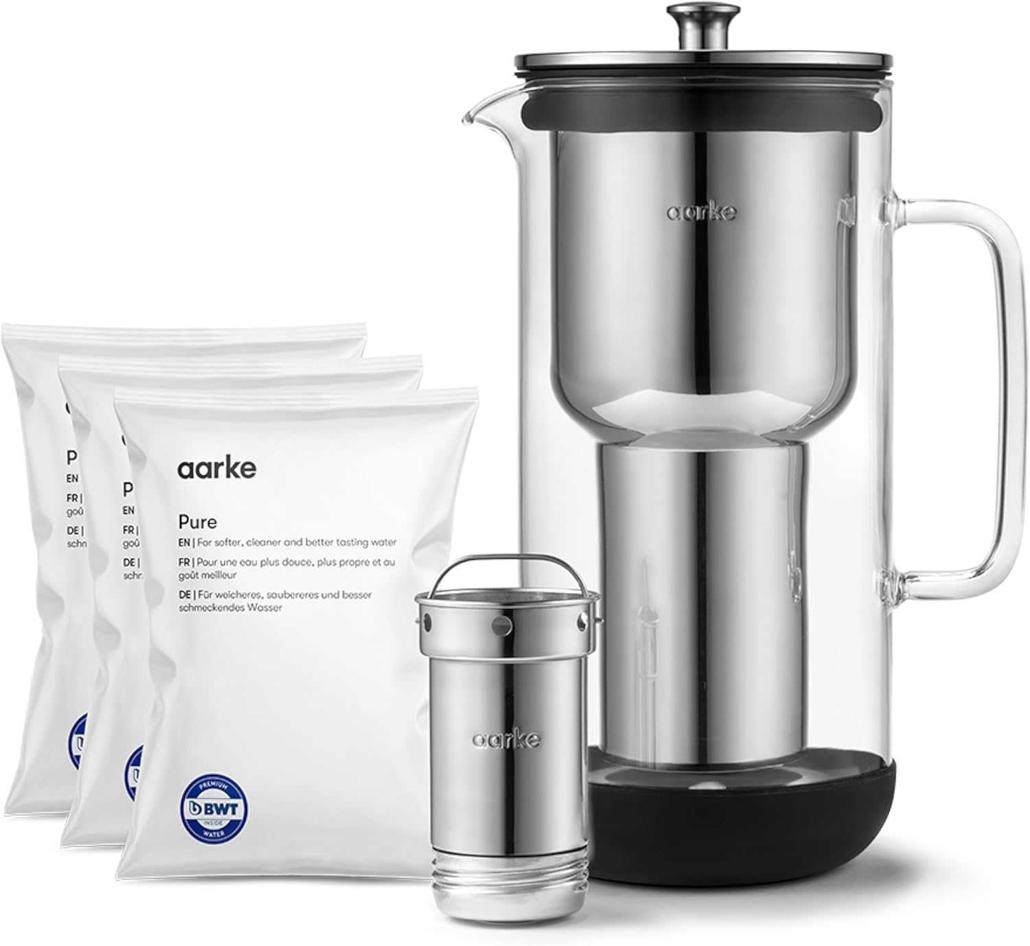 Aarke Gift Set | Purifier, Glass and Stainless Steel Water Filter Carafe, 2.4L + 3-Pack Pure Filter Refill Bags