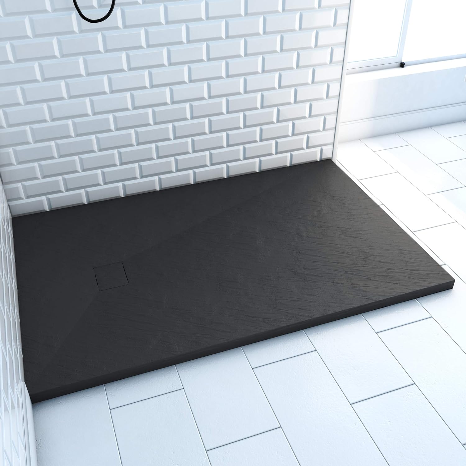 MARWELL Store SMC Marwell Stone Shower Tray Non-Slip Stone Look Rectangular 90 x 140 x 2.6 cm Black