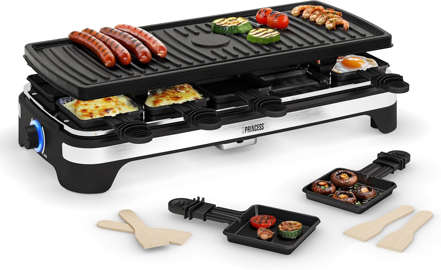 Princess Multifunctional Raclette XXL 162650 - Grill and Raclette Adjustable Thermostat 49 x 21 cm Grill Surface Non-Stick Coating 1500 Watt For up to 10 People, Black