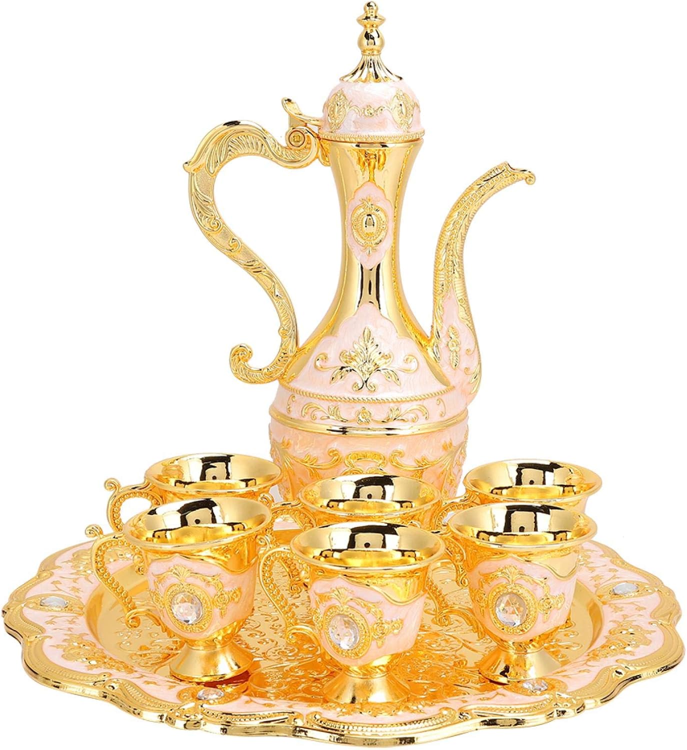 Turkish Coffee Pot Set, Vintage Turkish Coffee Cup Set, Metal Tea Cup, Coffee Pot with 6 Coffee Cups, Tea Cups Set for Gift, Wedding, Christmas (Gold)