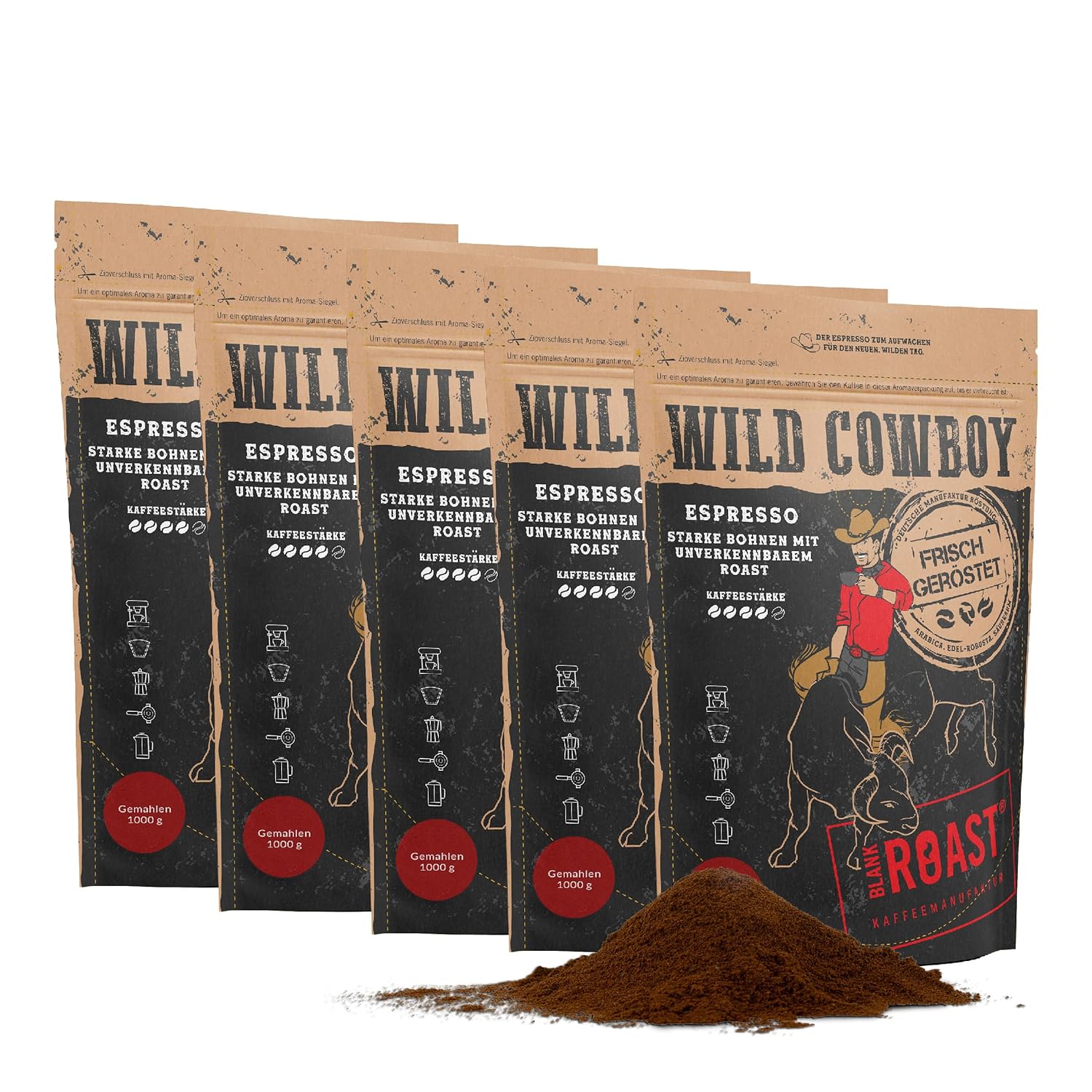 Blank Roast - Wild Cowboy Espresso - Ground for Filter - 1 kg (Pack of 5) - Roasted with Hickory Wood - Arabica & Edel Robusta - Blend from Brazil and Uganda - with Chocolaty Nuances - Low Acid