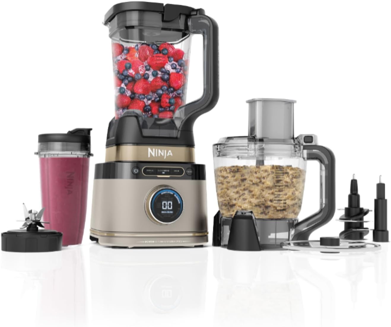 Ninja 3-in-1 Detect Power Blender Processor Pro, Powerful 1200W Food Processor, Single Serve & Dough Hooks, 3 x Single Serve Cups, Jug, Dough, Mix & Chop, Black, TB401EUSTGD, Stone Gold