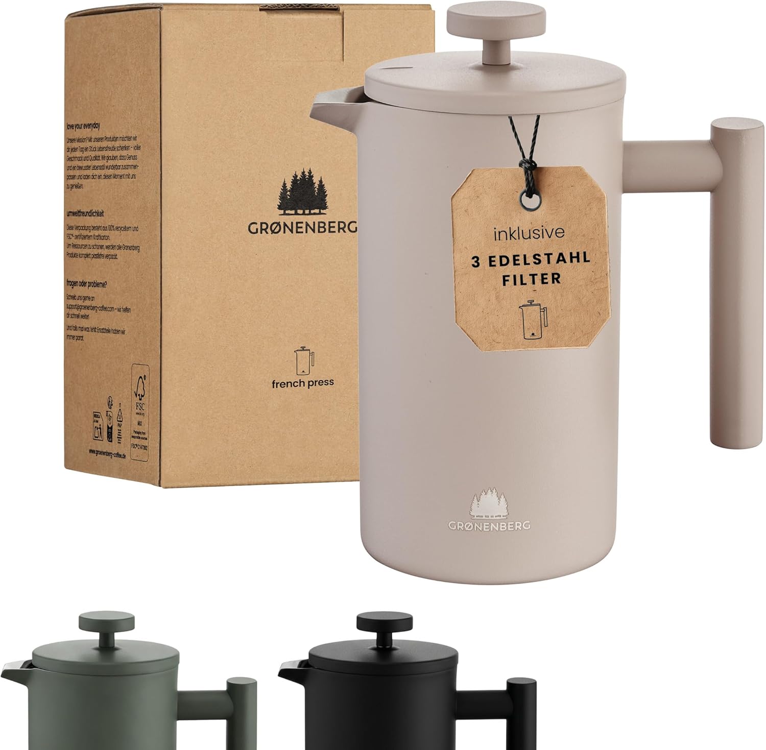 Groenenberg French Press Earth 600 ml or 1 Litre I High-Quality Coffee Press with Thermal Warming Function I Stainless Steel Coffee Maker